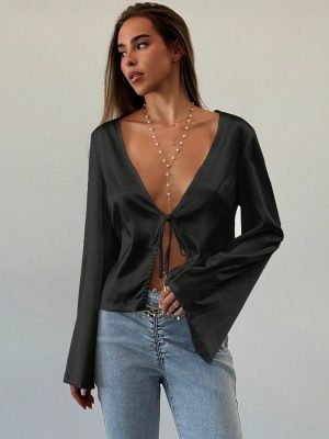 Women’s Sexy Lace-Up Satin Cardigan T-Shirt for Autumn and Winter