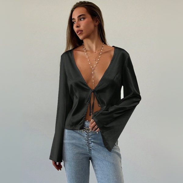 Women’s Sexy Lace-Up Satin Cardigan T-Shirt for Autumn and Winter