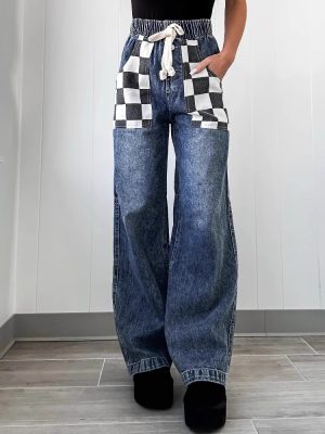 Spring Casual Loose Plaid Contrast Color Denim Trousers for Women