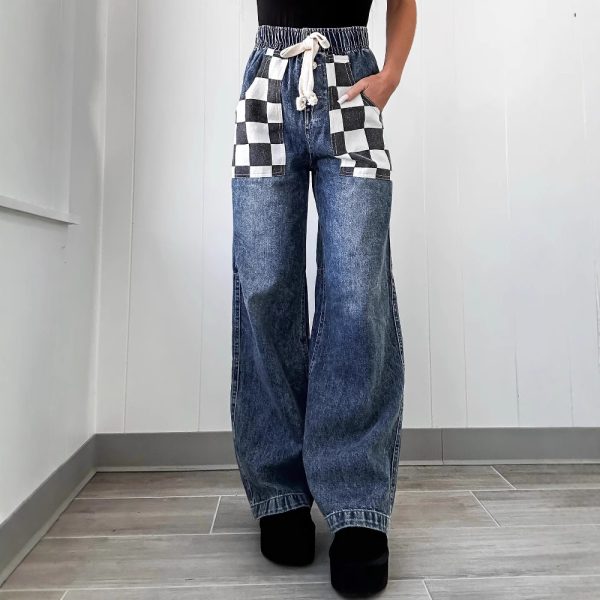 Spring Casual Loose Plaid Contrast Color Denim Trousers for Women