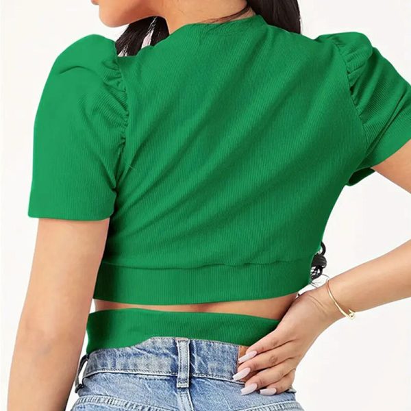 Round Neck Puff Sleeve Crop Top for Women - Image 4