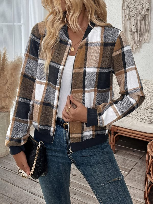 Women’s Brushed Plaid Zipper Jacket - Image 3