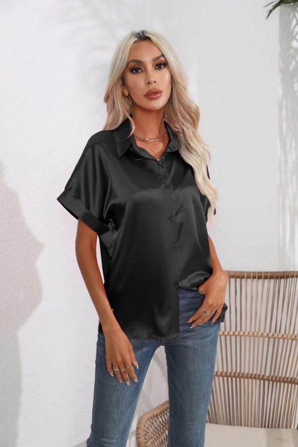 Women’s Satin Button Shirt Short Sleeve Casual Loose Top - Image 4