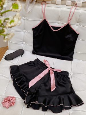 Sexy Sling Vest Shorts Set Ice Silk Pajamas for Women Summer Homewear