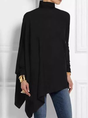 High Neck Loose Long Sleeve Asymmetric Bottoming Top for Women