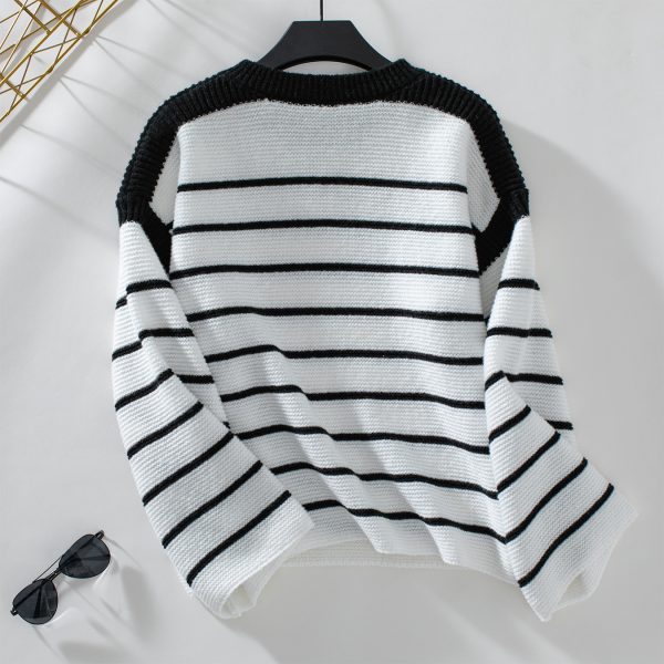 Loose Round Neck Black & White Striped Knitted Sweater for Women - Image 4