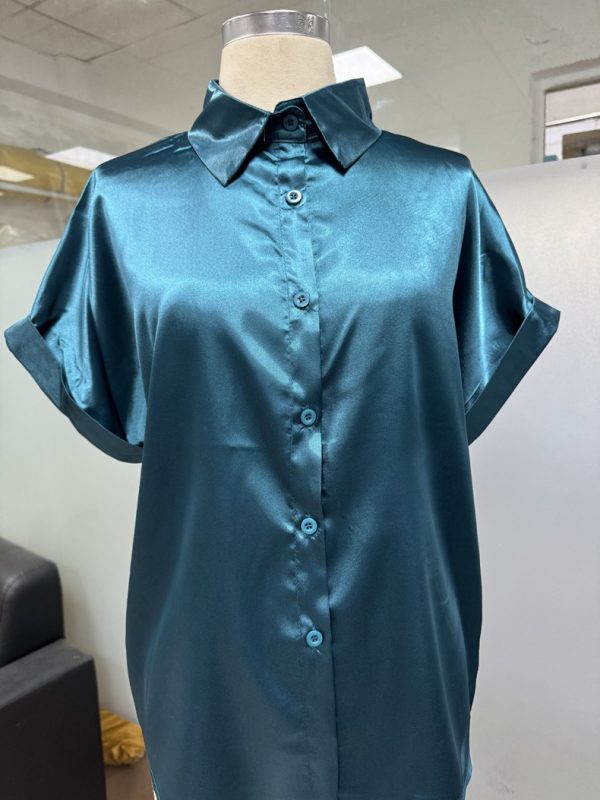 Women’s Satin Button Shirt Short Sleeve Casual Loose Top - Image 6