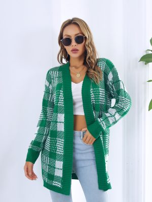 Women Autumn Winter Plaid Bandage Cardigan Sweater Coat