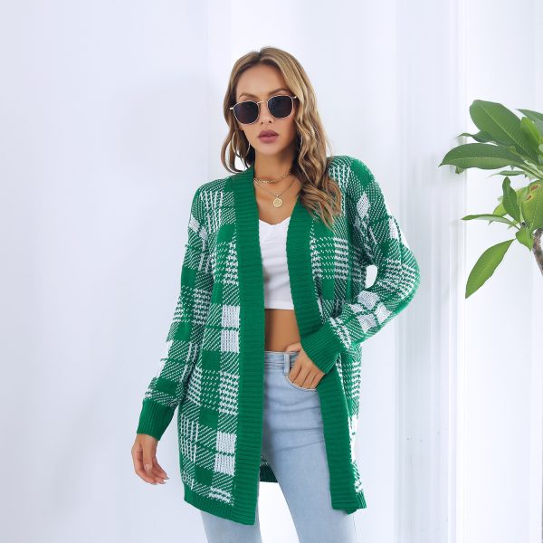 Women Autumn Winter Plaid Bandage Cardigan Sweater Coat