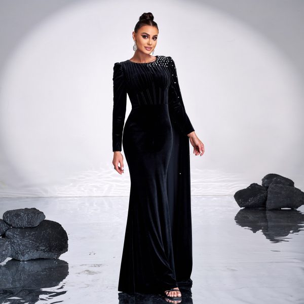 Crew Neck Long Sleeve Rhinestone Wrapped Hip Cocktail Evening Dress - Image 2