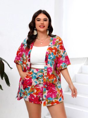 Plus Size Floral Two-Piece Set – Elegant Short Sleeve Shirt and Bottoms