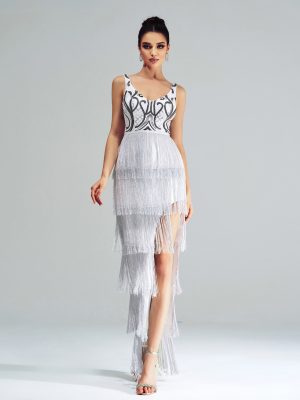 Elegant Sleeveless V-Neck Sequin Tassel Split Cocktail Sheath Evening Dress