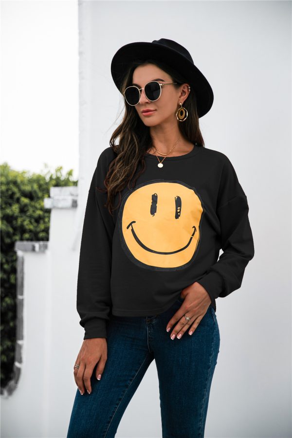 Round Neck Smiley Face Print Casual Long Sleeve Sweatshirt for Women - Image 4