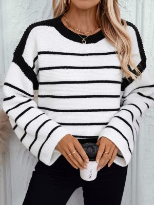 Loose Round Neck Black & White Striped Knitted Sweater for Women