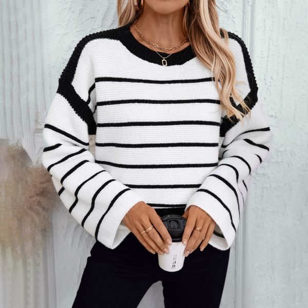 Loose Round Neck Black & White Striped Knitted Sweater for Women