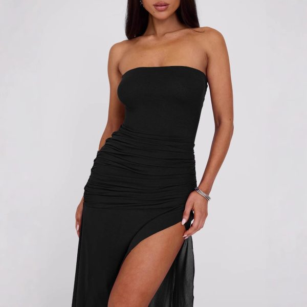 Sexy Backless Tube Top Mesh Patchwork Asymmetric Dress - Image 2