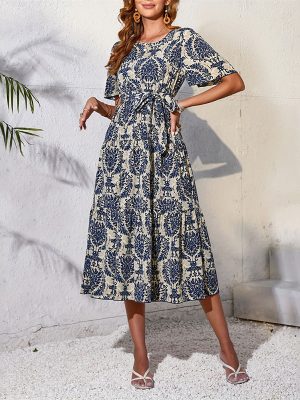 Women’s Ruffled Short Sleeves Printed Tiered Dress