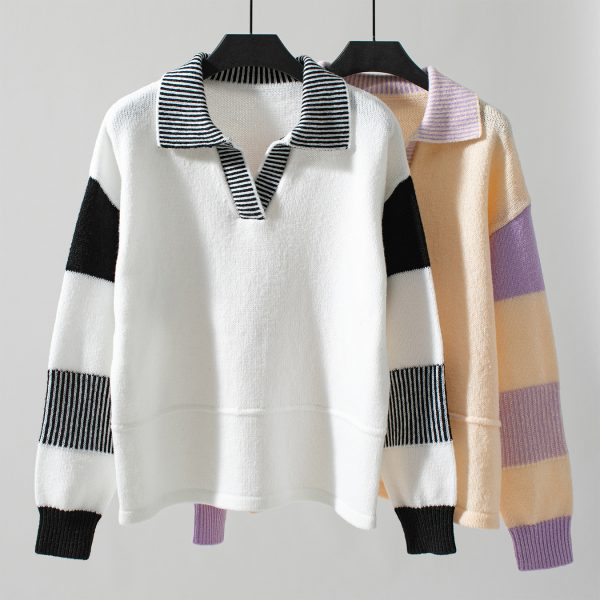 Striped Polo Collar Loose Knit Sweater for Women - Image 3