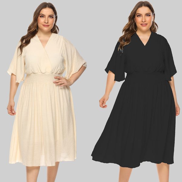 Plus Size V-Neck Waist-Controlled Flying Sleeve Summer Dress - Image 4