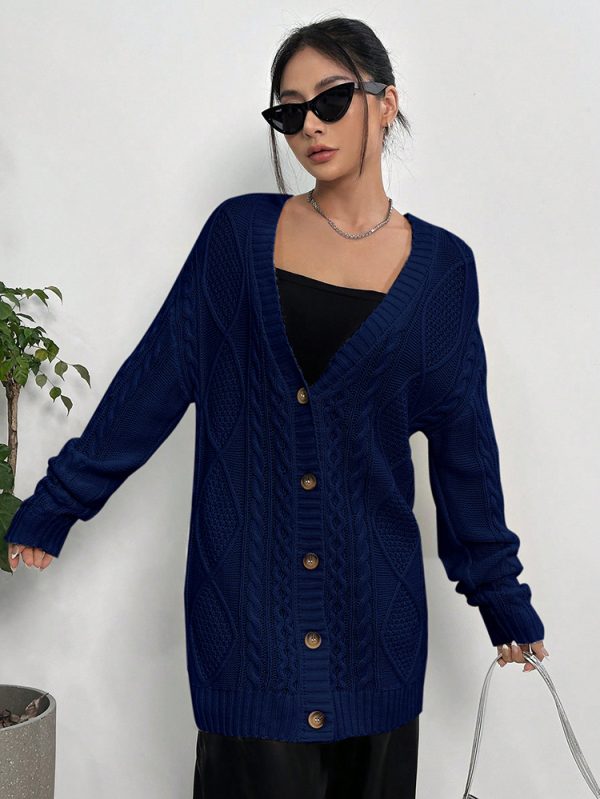 Autumn Winter Sweater Coat Casual Loose Twisted V-Neck Mid-Length Knitted Cardigan - Image 3