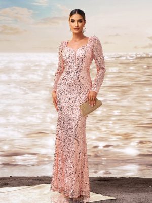 High-End Long Sleeve Square Neck Cocktail Sequined Sheath Fishtail Evening Dress