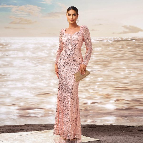 High-End Long Sleeve Square Neck Cocktail Sequined Sheath Fishtail Evening Dress