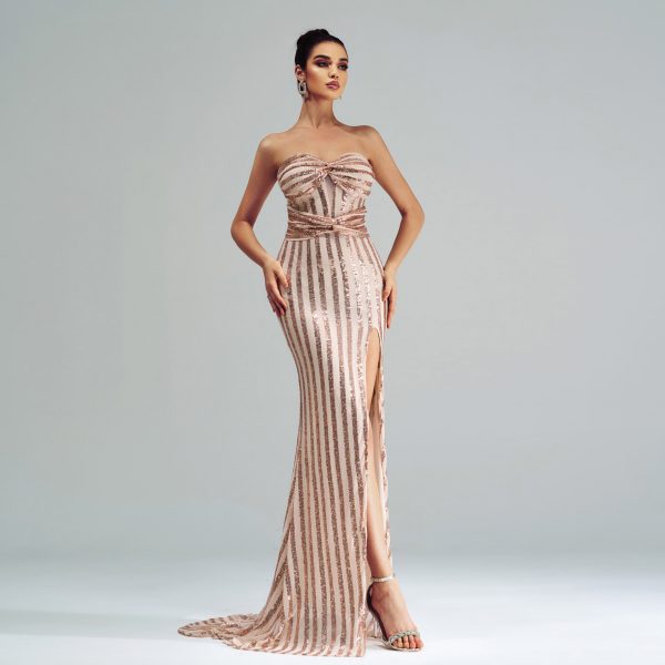 High-Class Elegant Off-Neck Wrapped Chest Sequin Split Sheath Evening Dress - Image 2