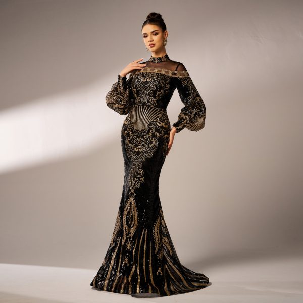 Long Sleeve Round Neck Sequin Mesh Fishtail Evening Dress - Image 2