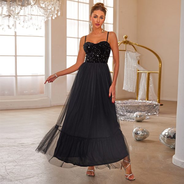 Women’s Sexy Sling Solid Color Sequin Mesh Dress - Party Gown - Image 3