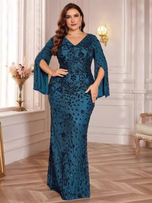 Plus Size Sequined Long Sleeve Slim Fit Fishtail Evening Dress