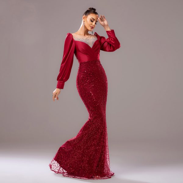 Long Sleeve Round Neck Rhinestone Sequin Wrapped Hip Cocktail Evening Dress - Image 2