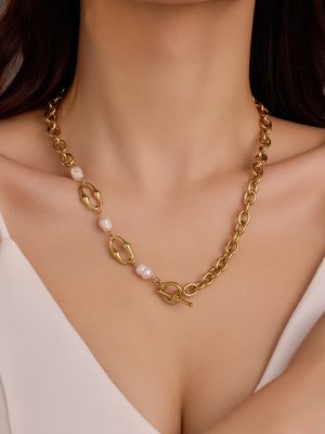 Stainless Steel Necklace with Pearl Inlay High Grade Clavicle Chain for Women