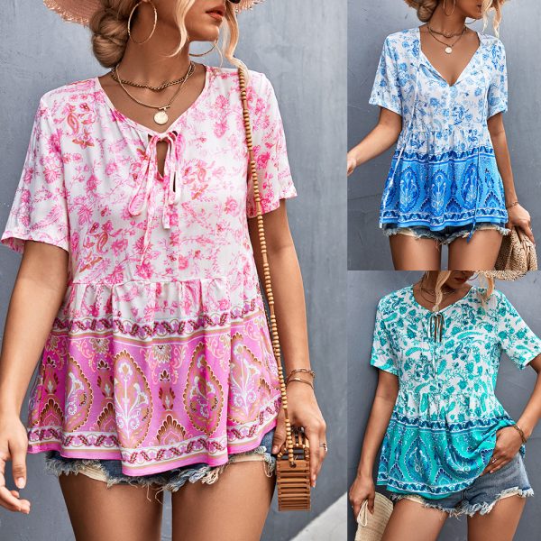 Spring Summer Bohemian V-Neck Lace-Up Floral Top for Women - Image 5