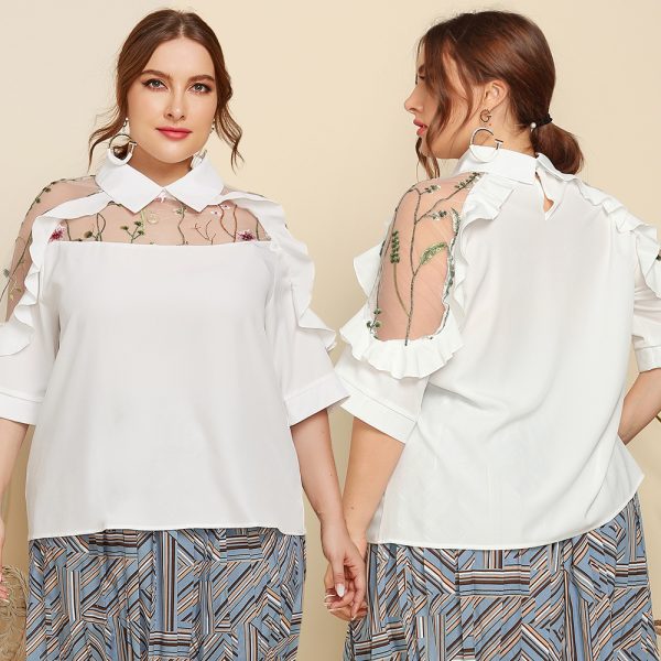 Plus Size Collared See-Through Embroidered Half Sleeve Shirt - Image 2