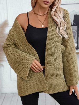 Solid Color Pocket Knitted Sweater Cardigan for Women