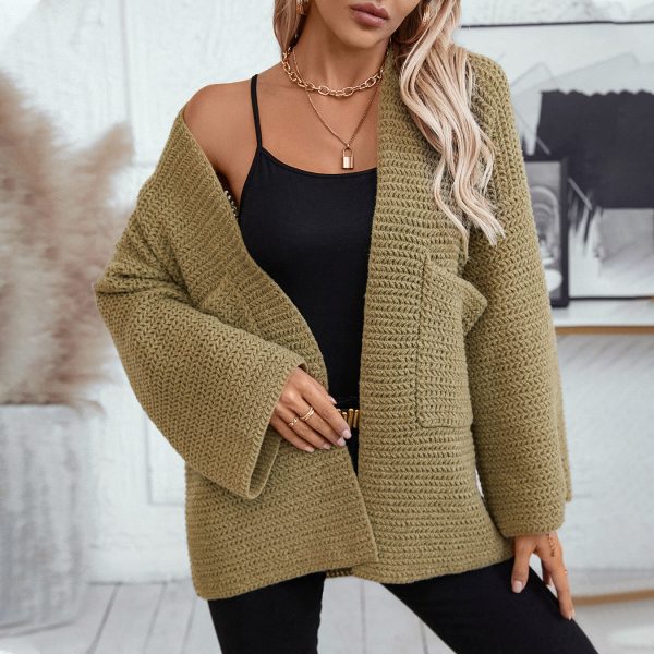 Solid Color Pocket Knitted Sweater Cardigan for Women