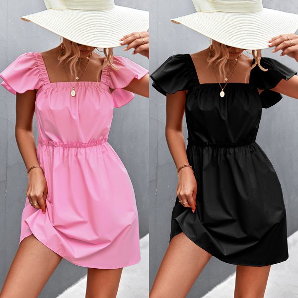 Spring Summer Solid Color Ruffle Sleeve Square Collar Short Dress - Image 5