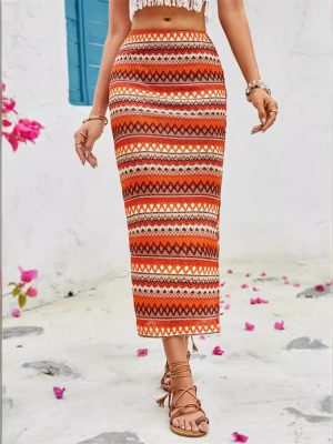 Ethnic Knitted Contrast Color Slim Fit Skirt for Women