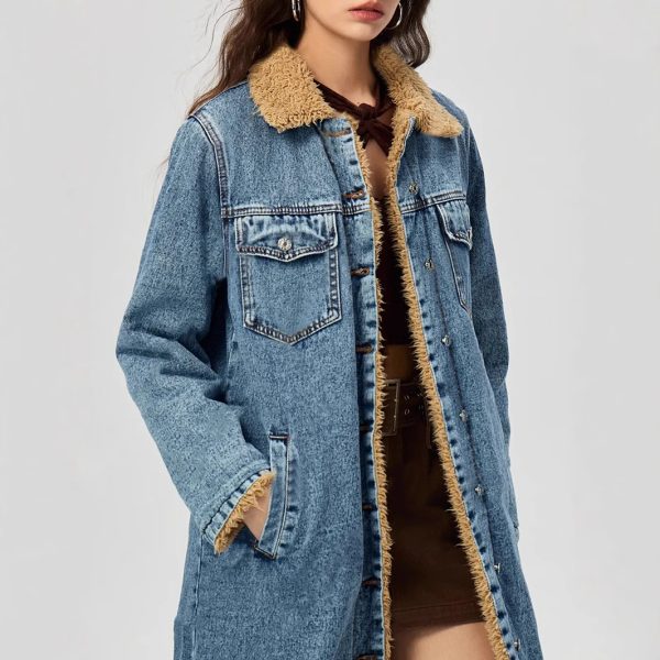 Women’s Loose Long Denim Coat with Velvet Lining and Cotton Padding - Image 3