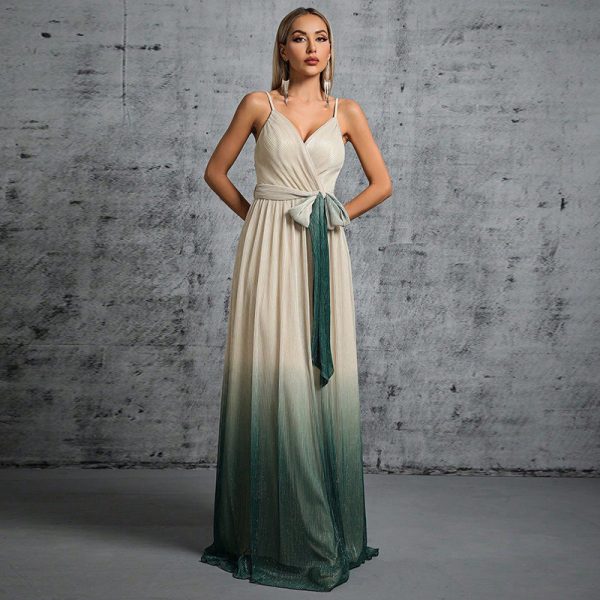 Strap Backless Sexy Lace-Up Gradient Color Maxi Dress for Formal Events