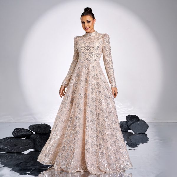 High-End Long Sleeve Crew Neck Sequined Cocktail Evening Dress for Women - Image 3