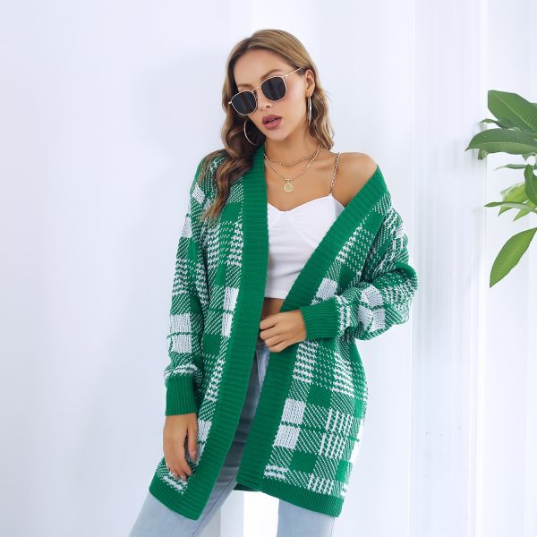 Women Autumn Winter Plaid Bandage Cardigan Sweater Coat - Image 2