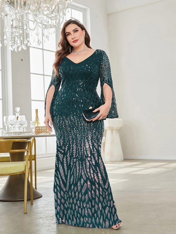 Plus Size Long Sleeve Deep V Plunge Fishtail Evening Dress - Image 3