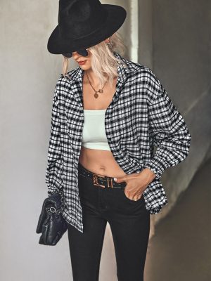 Autumn Winter Loose Puff Sleeve Plaid Shirt for Women