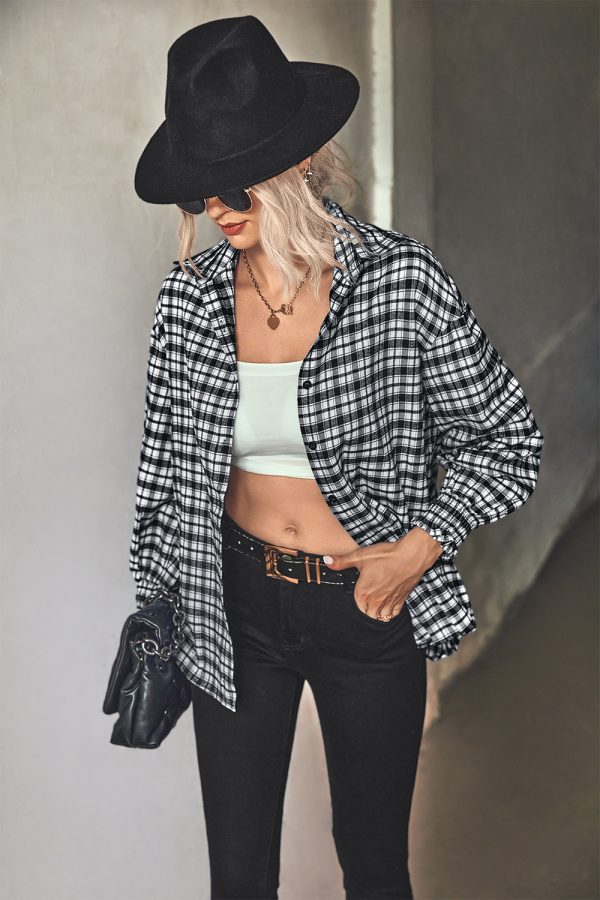 Autumn Winter Loose Puff Sleeve Plaid Shirt for Women