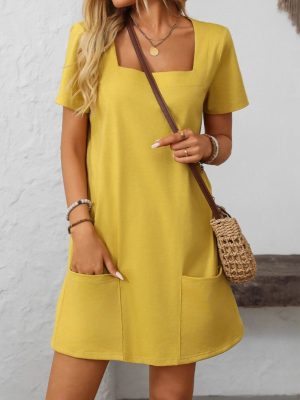 Women’s Square Collar Short Sleeve Casual Dress with Pockets