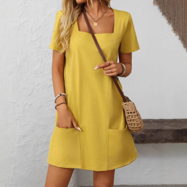 Women’s Square Collar Short Sleeve Casual Dress with Pockets