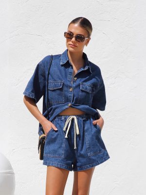 Summer Women’s Casual Loose Pockets Short-Sleeved Shirt and Denim Two-Piece Set