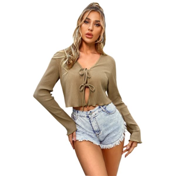 Sexy Bow Bandage High Elastic Long Sleeve Cardigan Top - Image 4