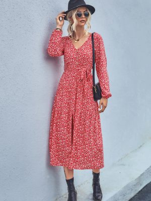 Autumn Women’s V-Neck Floral Long Sleeve Split Maxi Dress